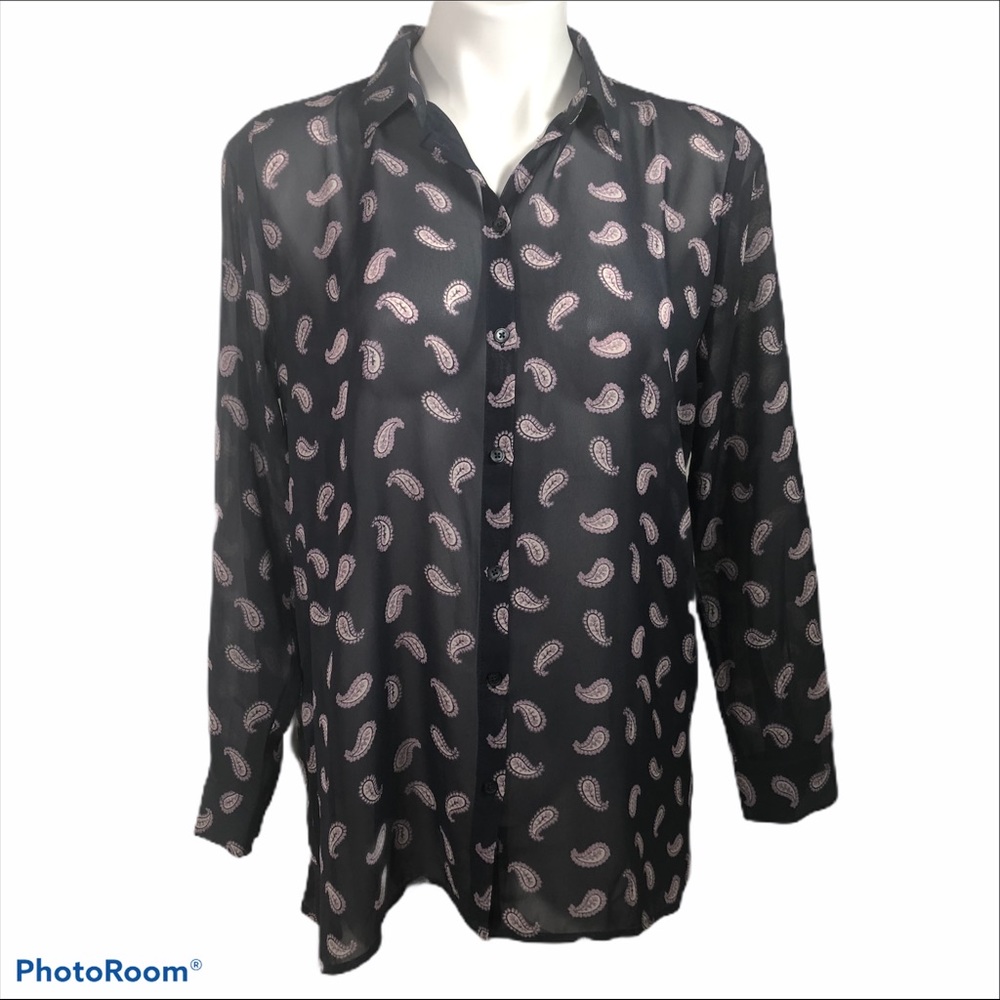 LOFT Petite Sheer Paisley Tunic Top Gray Purple LP